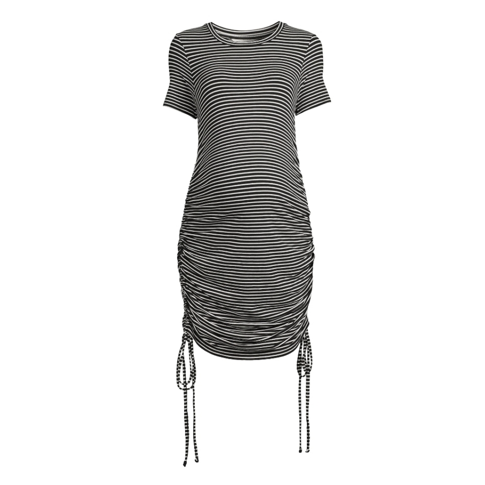 Destination Maternity Short Sleeve Side Ruched Ribbed Bodycon Dress | Stripe - Picture 2 of 11